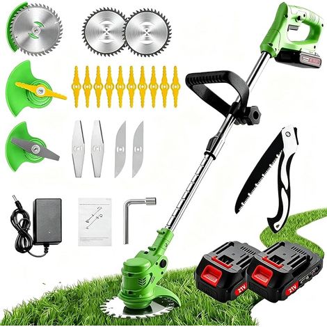 Battery Brushcutter, Electric Brushcutter with Metal Blade, Battery Trimmer with 2 x 21V 2000mAh Batteries, Retractable Handle and 90° Head Rotation (1/5)