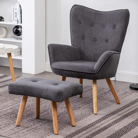Fauteuil crapaud avec repose-pieds en velours gris foncé, montage facile (1/5)