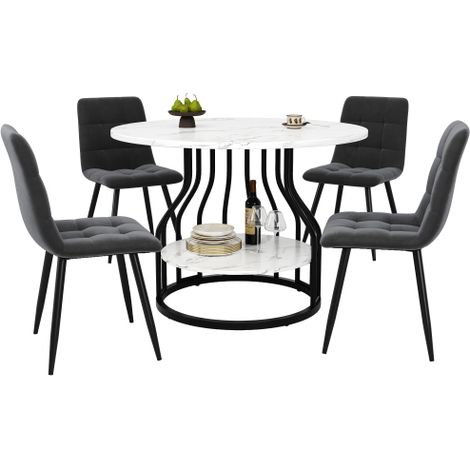 Table ronde 80cm MDF, pieds noirs, ensemble repas 5 chaises velours gris (1/5)