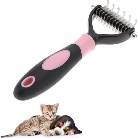 Peigne de démêlage de toilettage pour animaux de compagnie en acier inoxydable Brosse à peigne à noeud professionnel avec râteau à sous couche à 2 faces pour chats chiens brosse pour chien(Rose) (1/5)