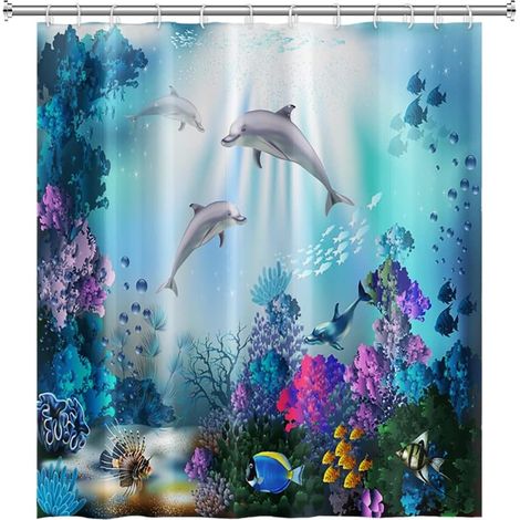 105x160cm Océan Dauphin Rideau de Douche Rayon de Soleil Tropical Rideau de Bain sous-Marine Monde Marin Animaux Rideau de Bain pour Salle de Bain Étoffe Polyester Étanche avec Crochets (1/5)