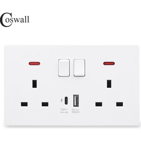 Double Switched Socket 13 Amp with USB A and Type C Charging Ports Wall Outlet Electric Power Socket，White (1/3)