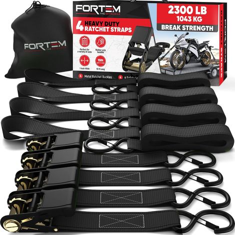 Sangle a cliquet, Sangles d'arrimage à cliquet 4x4,5 m (Résistance 1043 kg), Sangle demenagement, Moto, remorque, Camion, 4 Boucles Souples, Crochets Métal Enduit, Sac inclu (1/5)