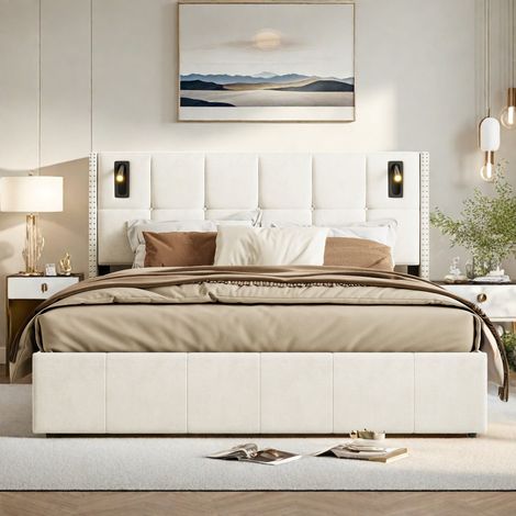 Lit coffre 140 x 200 cm, lit 140x200 avec sommier, lit double, cadre de lit, avec Lampe de lecture de chevet, Beige, velours (1/5)