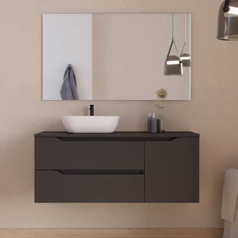 Meuble de salle de bain 120cm avec plateau, vasque à poser déportée à gauche Zeus et miroir - 2 tiroirs et un placard - noir - ZARZA