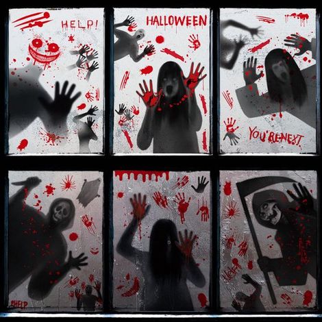 Halloween-Fensterdekoration: Gruselige Geister-Fensteraufkleber,Blutpalmen-Aufkleber,6 Stück „Joyeux Halloween“-Fensteraufkleber (1/2)