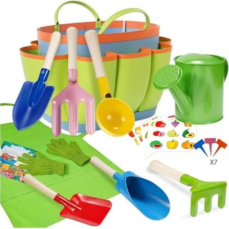 12-teiliges Kinder-Garten-Set, 20 cm Löffel, Gabel, Kelle, Rechen, Schaufel, Zylinderschaufel mit Tasche, Gießkanne, Handschuhe, Schürze, Pflanzenetiketten, Aufkleber für Garten, Rasen, Graben im Frei (1/5)