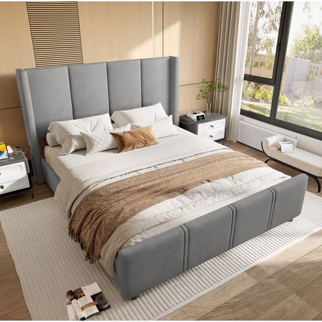 Letto adulto 160x200 cm con testiera, porte USB e Type-C, in velluto grigio scuro, materasso non incluso (1/5)