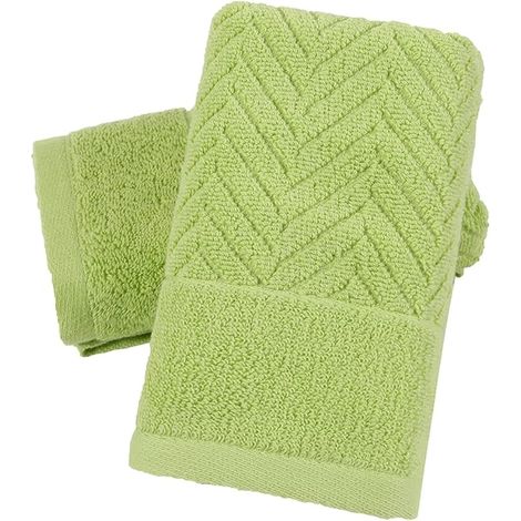 Serviettes vertes en lot de 2, à rayures, en coton ultra-doux et absorbant. (1/5)