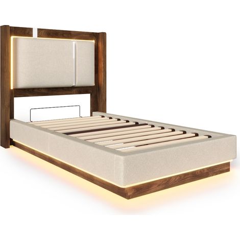 Cama tapizada 90 x 200 cm con somier, LED y arcón, hidráulica, beige y nogal (1/5)