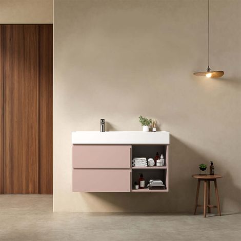 Mobile bagno sospeso 100 cm Rosa Retro Lavabo a Sinistra in Resina Senza Specchio - Fiji Paint Plus (1/4)