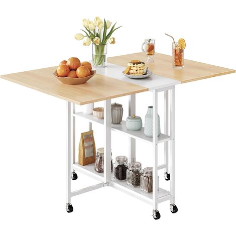 Table Rabattable et Mobile, Table Cuisine Petit Espace Extensible et Pliable, 6 Roues Freinées, 2 Étagères, pour Salle à Manger, Salon, Bureau, Appartement, Blanc et Couleur Bois (1/5)