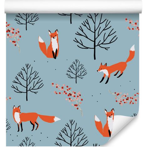 Papel pintado de zorros con bosque frutal para salón y dormitorio, 50x1000 cm (1/5)