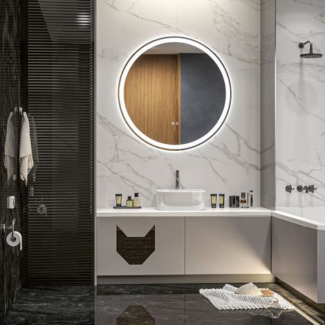 Runder, LED-beleuchteter Badezimmerspiegel Ø 80 cm zur Wandmontage mit 3-farbiger Beleuchtung, Touch-Schalter, 46 W, weiß/silber (1/5)