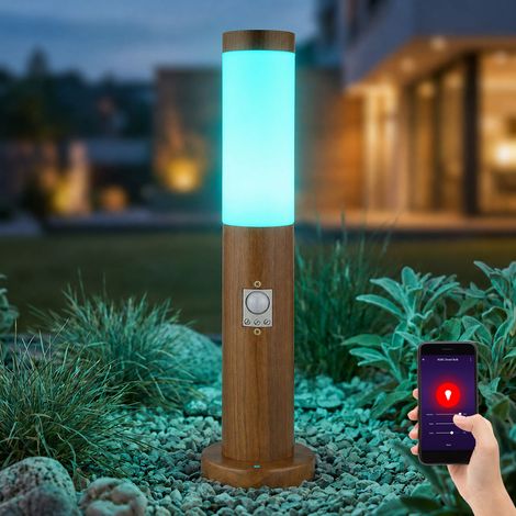 Lampe de socle avec détecteur de mouvement, aspect bois, borne d'éclairage extérieur en acier inoxydable, commande par application, Smart RGB LED 10W 806Lm, DxH 7,6 x 45 cm (1/5)