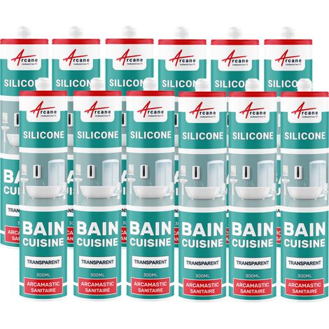 Arcane Industries – Mastic silicone sanitaire 300 ml x 12 – Élasticité exceptionnelle – Agent fongicide renforcé – Résistant aux moisissures