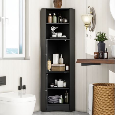 Mobile da bagno angolare con ripiano regolabile, 36,5 x 36,5 x 155 cm, nero HAVRYA (1/5)