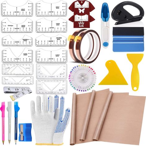 68 Pièces D'Accessoires de Sublimation,T Shirt Ruler Guide Alignment pour Accessoires de Couture Traceur,Ruban Adhésif Résistant à la Chaleur,Film Téflon pour Presse de Transfert (1/5)