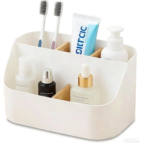 Organisateur de Bureau Multifonctionnel avec Cloisons en Bois - Support Brosse à Dents et Rangement Salle de Bain (1/5)