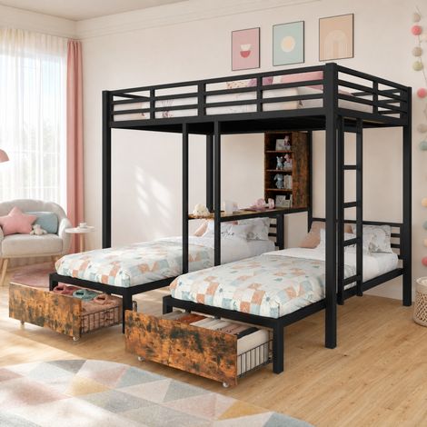 DESMIU Lit superposé 3 places 140 × 200 cm et 90 × 200 cm avec rangements, 2 tiroirs, sans matelas, en métal et MDF, noir (1/5)