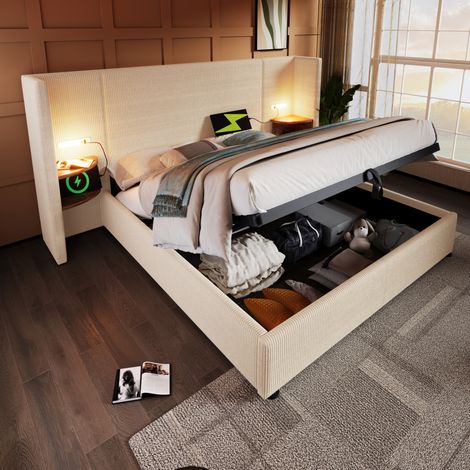 Lit coffre 160x200 cm en velours côtelé beige-blanc avec tête de lit rangement, liseuse tactile, USB et Type-C (1/5)
