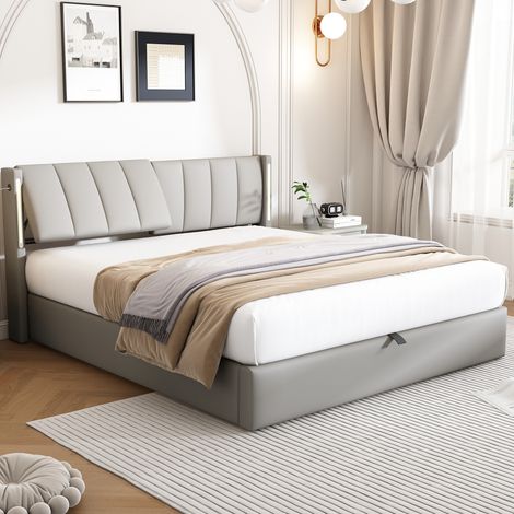 Bett 140x200 cm aus grauem PU mit LED, Stauraum und USB, ohne Matratze – MEUBLIV (1/5)
