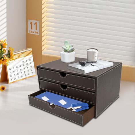 Scatola cassetti scrivania 3 livelli, scatola cassetti colore caffè PU, organizzatore file da tavolo (1/5)
