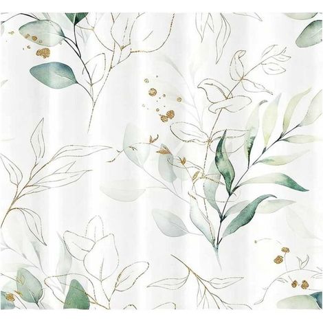 Rideau de douche anti-moisissures, 180x180 cm, vert à motif de feuilles d'eucalyptus dorées, en tissu polyester lavable et imperméable.