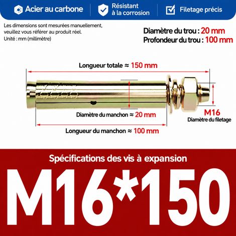 Goujon d'ancrage cheville à expansion M16 x 150 mm perçage 20 mm lot de 2 m16 150 2 pièces 1 kg – Livraison gratuite