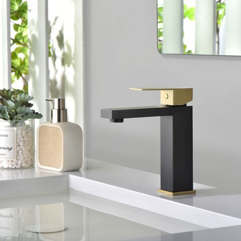 Mitigeur de lavabo noir mat et or brossé – Acier inoxydable 304 – Levier unique – Cartouche céramique – Tuyaux flexibles 60 cm (1/5)