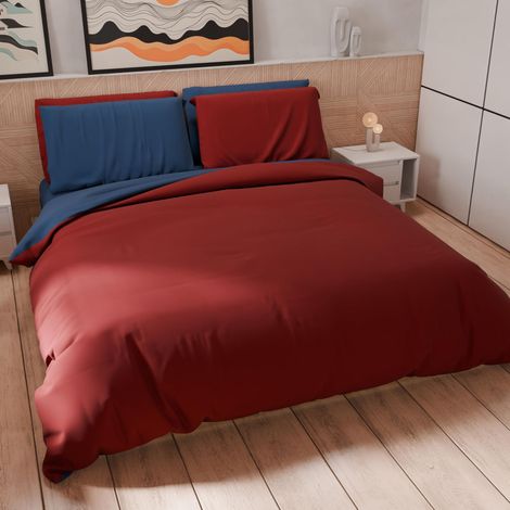 Set Housse de Couette 200x200 cm 1 Taie d'oreiller 50x80 cm Incluse, Parure de Lit Microfibre 1/2 Personnes Douce Bleu Nuit Bordeaux (1/5)
