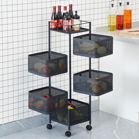 Étagère de rangement rotative pour cuisine, panier carré coulissant à 5 niveaux avec roues, étagère de rangement rotative -NOIR (1/4)