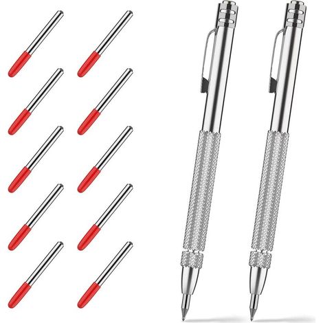 Set aus 2 Wolframkarbid-Anreißspitzen mit 12 Ersatzmarkierungsspitzen, Aluminiumkarbid-Gravierwerkzeug mit Clip. (1/2)