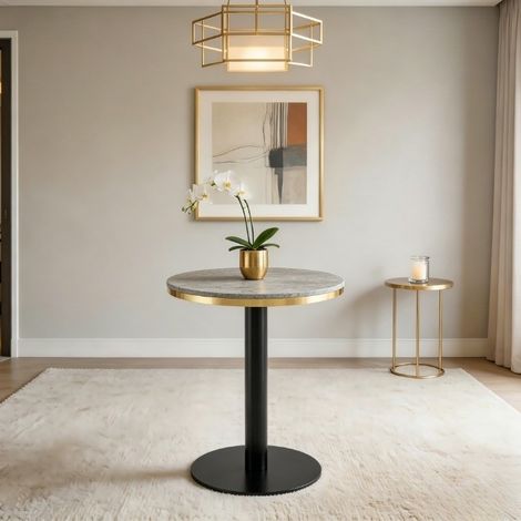 Mesa auxiliar redonda 60x73.7 cm gris en MDF y metal con efecto mármol y borde dorado (1/5)