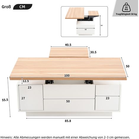 Couchtisch 100x50x55,5 cm Weiß und Holz mit doppelter anhebbarer Platte und Stauraum MEUBLIV (1/5)