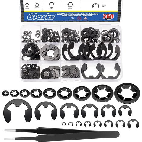 261 rondelles de verrouillage étoile à denture intérieure en acier 65mn et kit de fermeture e - clip comprenant 9 tailles de rondelles de verrouillage Push - in, e - ring et une pince à épiler (1/5)