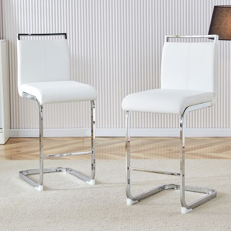 Lot de 2 tabourets de bar scandinaves simili cuir blanc pieds métal argent h.96.5 cm cuisine restaurant (1/5)