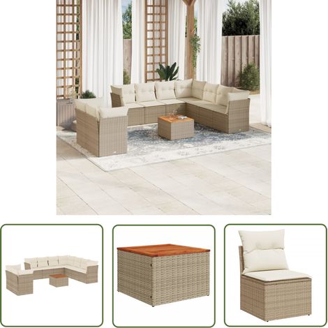 The Living Store Salon de jardin 11 pcs avec coussins beige résine tressée - Ensemble Salon De Jardin - Mobilier De Jardin - Canapé Extérieur - Chaise Extérieure - Table Basse Jardin (1/5)
