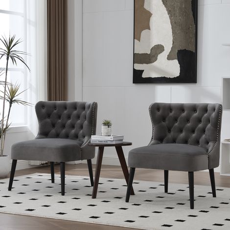Chaise individuelle en velours à boutons, design moderne sans accoudoirs avec finition à rivets et pieds en bois massif pour salon, chambre (velours gris) (1/5)
