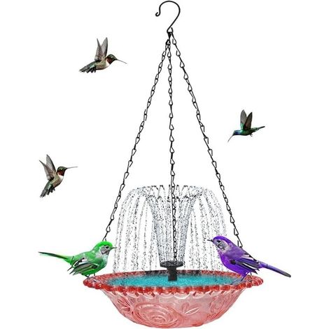 Abreuvoir à oiseaux suspendu à énergie solaire avec fontaine - Abreuvoir à oiseaux solaire rose pour jardin et terrasse (1/5)