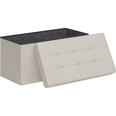 Boîte de rangement pliable Puff, 84 L, 76 x 38 x 38 cm, recouverte d'un sac de rangement en lin synthétique couleur crème. (1/5)