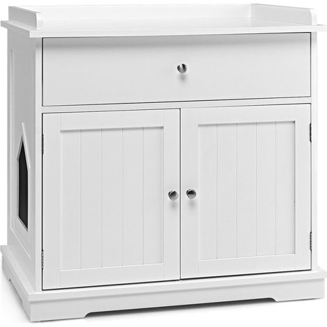 Wooden Cat Litter Box Enclosure with Drawer Side Table Furniture-White (1/5)
