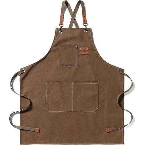 Tablier en toile, tablier de travail unisexe, tablier de chef, avec bretelles réglables et 3 poches, conception à bretelles croisées. (1/4)