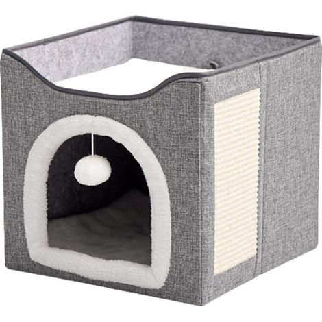 Cama para gatos de doble capa, plegable, suave y mullida, transpirable, ligera, fabricada en MDF/terciopelo/lino, gris oscuro/blanco. (1/5)