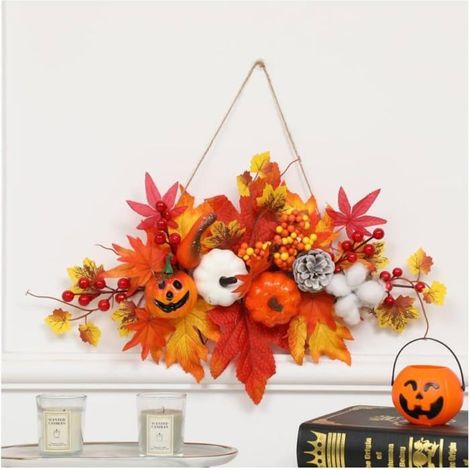 Couronne Automne Citrouilles Feuilles Érable Avec Corde Pour Porte Entrée Décoration Halloween Fêtes (1/2)