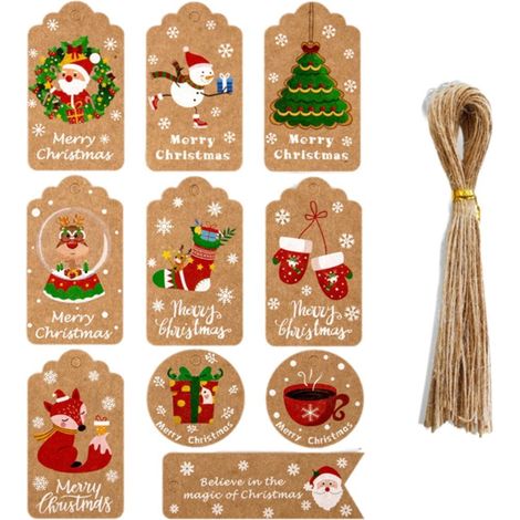 Etiquettes En Papier Kraft Noël - 50 Pièces - Motifs Traditionnels Flocons Sapin Père Noël - Pour Emballage Cadeaux Fêtes