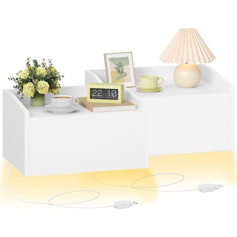 Table de Chevet Suspendue Lot de 2, Table de Nuit Murale avec Éclairage LED, Étagère Murale Flottante avec 1 Tiroir, pour Chambre à Coucher, Salon,Blanc (1/5)