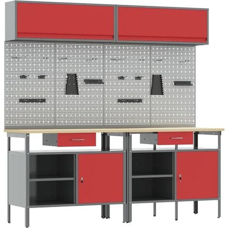 Ensemble d'établi 8 pièces, acier revêtu de poudre gris rougeâtre