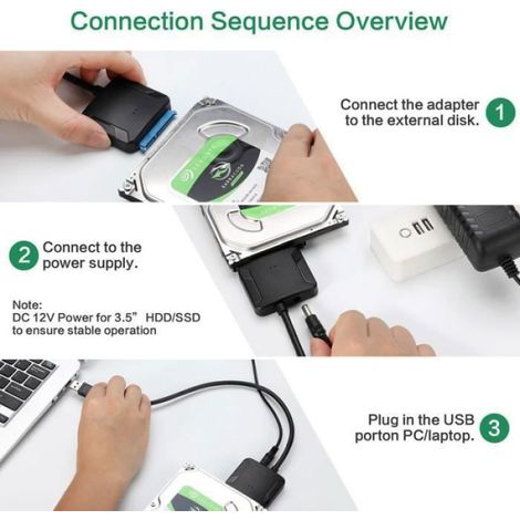 Adaptateur USB 3.0 - SATA III - Pour Disque Dur SSD HDD 2.5 Pouces 3.5 Pouces - Support UASP - Alimentation Incluse - 1 Pièce (1/4)