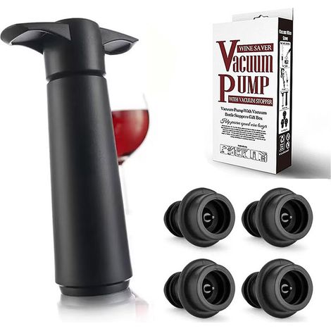 Pompe de conservation du vin avec 4 bouchons à vide, étanche et préservant la fraîcheur, adaptée à toutes les bouteilles de vin standard.